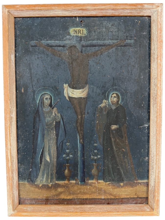 Antique 19th Century Original Mexican Retablo Painting On Tin Depicting The Crucifixion Of Christ With The Virgin Mary On The Left And Saint John The Apostle On The Right 9.5 X 13.75 Framed 11 X 15.5