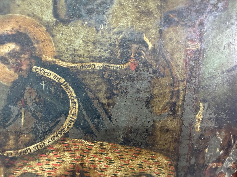 Antique 19th Century Original Mexican Retablo Painting On Tin Depicting A Traditional Catholic The Art Of Dying Scene Showing A Dying Figure In Bed Surrounded By Saints, Angels And Demons 9.5 X 13.5 Framed 11 X 15 [Photo 3]