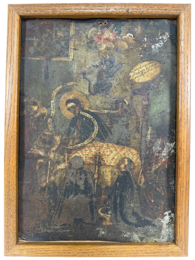 Antique 19th Century Original Mexican Retablo Painting On Tin Depicting A Traditional Catholic The Art Of Dying Scene Showing A Dying Figure In Bed Surrounded By Saints, Angels And Demons 9.5 X 13.5 Framed 11 X 15