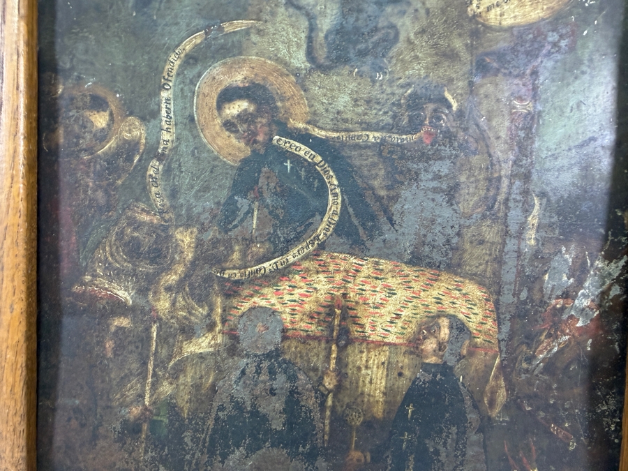 Antique 19th Century Original Mexican Retablo Painting On Tin Depicting A Traditional Catholic The Art Of Dying Scene Showing A Dying Figure In Bed Surrounded By Saints, Angels And Demons 9.5 X 13.5 Framed 11 X 15 [Photo 2]