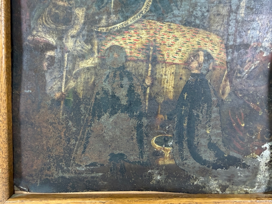 Antique 19th Century Original Mexican Retablo Painting On Tin Depicting A Traditional Catholic The Art Of Dying Scene Showing A Dying Figure In Bed Surrounded By Saints, Angels And Demons 9.5 X 13.5 Framed 11 X 15 [Photo 10]