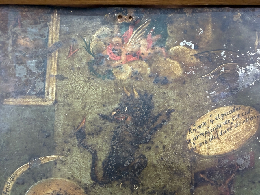 Antique 19th Century Original Mexican Retablo Painting On Tin Depicting A Traditional Catholic The Art Of Dying Scene Showing A Dying Figure In Bed Surrounded By Saints, Angels And Demons 9.5 X 13.5 Framed 11 X 15 [Photo 4]