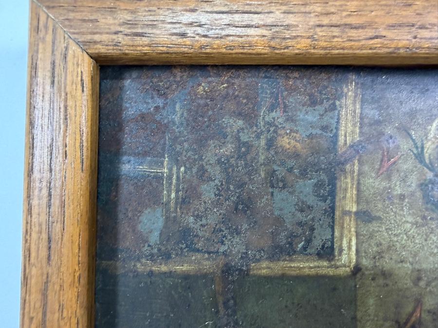 Antique 19th Century Original Mexican Retablo Painting On Tin Depicting A Traditional Catholic The Art Of Dying Scene Showing A Dying Figure In Bed Surrounded By Saints, Angels And Demons 9.5 X 13.5 Framed 11 X 15 [Photo 7]