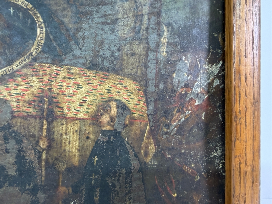 Antique 19th Century Original Mexican Retablo Painting On Tin Depicting A Traditional Catholic The Art Of Dying Scene Showing A Dying Figure In Bed Surrounded By Saints, Angels And Demons 9.5 X 13.5 Framed 11 X 15 [Photo 12]