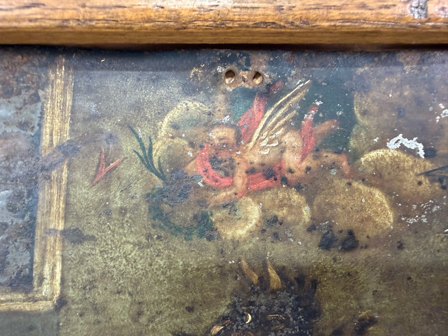 Antique 19th Century Original Mexican Retablo Painting On Tin Depicting A Traditional Catholic The Art Of Dying Scene Showing A Dying Figure In Bed Surrounded By Saints, Angels And Demons 9.5 X 13.5 Framed 11 X 15 [Photo 6]