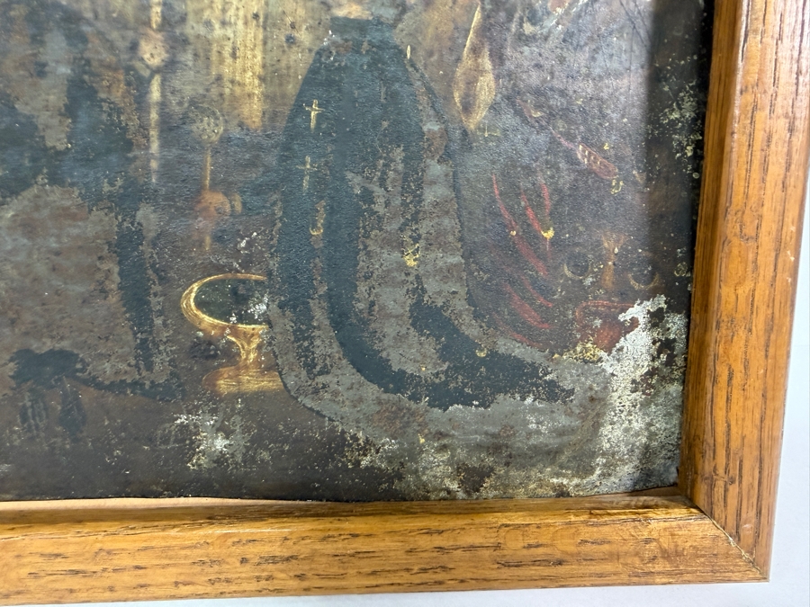 Antique 19th Century Original Mexican Retablo Painting On Tin Depicting A Traditional Catholic The Art Of Dying Scene Showing A Dying Figure In Bed Surrounded By Saints, Angels And Demons 9.5 X 13.5 Framed 11 X 15 [Photo 11]