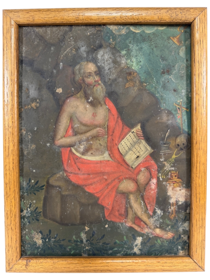Antique 19th Century Original Mexican Retablo Painting On Tin Depicting Saint Jerome As A Hermit In The Wilderness 9.5 X 12.75 Framed 11 X 14.5