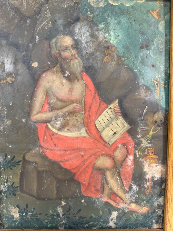 Antique 19th Century Original Mexican Retablo Painting On Tin Depicting Saint Jerome As A Hermit In The Wilderness 9.5 X 12.75 Framed 11 X 14.5 [Photo 2]