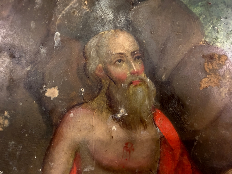 Antique 19th Century Original Mexican Retablo Painting On Tin Depicting Saint Jerome As A Hermit In The Wilderness 9.5 X 12.75 Framed 11 X 14.5 [Photo 6]