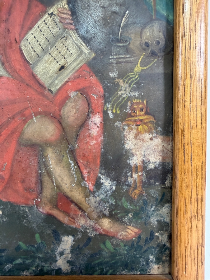 Antique 19th Century Original Mexican Retablo Painting On Tin Depicting Saint Jerome As A Hermit In The Wilderness 9.5 X 12.75 Framed 11 X 14.5 [Photo 4]