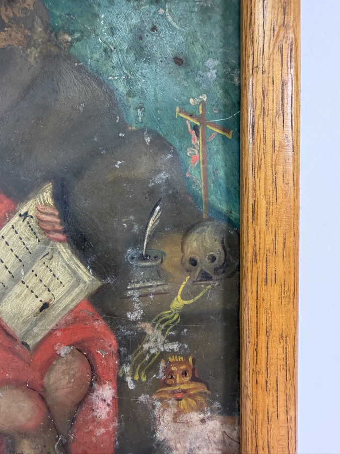 Antique 19th Century Original Mexican Retablo Painting On Tin Depicting Saint Jerome As A Hermit In The Wilderness 9.5 X 12.75 Framed 11 X 14.5 [Photo 3]