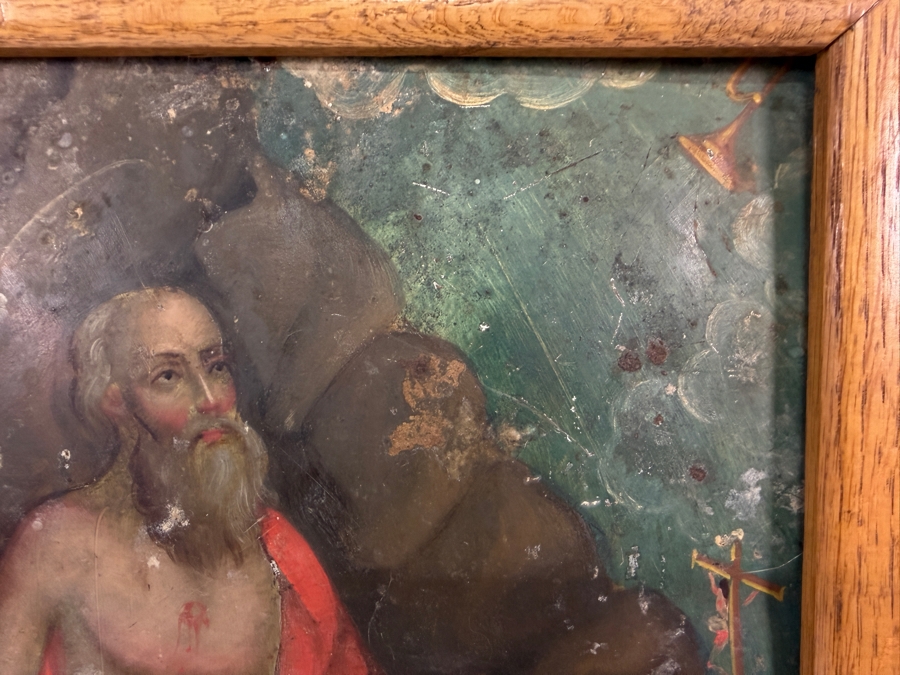 Antique 19th Century Original Mexican Retablo Painting On Tin Depicting Saint Jerome As A Hermit In The Wilderness 9.5 X 12.75 Framed 11 X 14.5 [Photo 5]