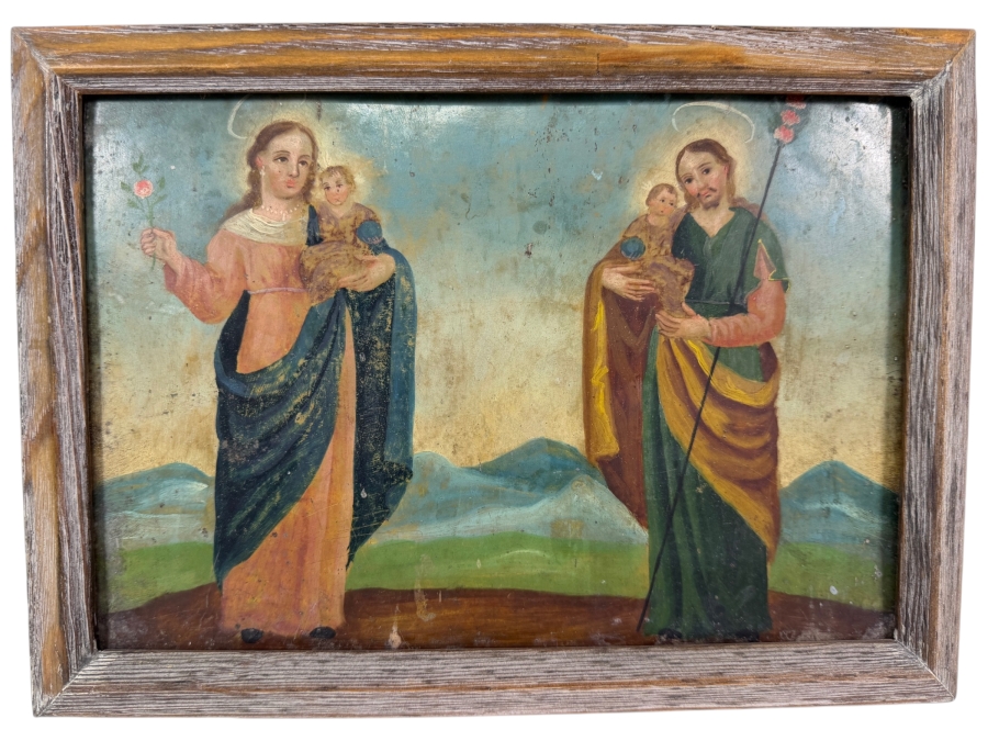 Antique 19th Century Original Mexican Retablo Painting On Tin Depicting The Holy Family (The Virgin Mary, The Christ Child And Saint Joseph) Walking Through A Pastoral Landscape 9.75 X 6.75 Framed