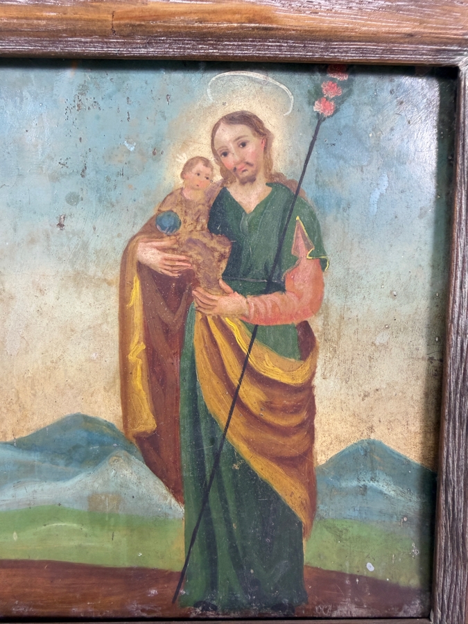 Antique 19th Century Original Mexican Retablo Painting On Tin Depicting The Holy Family (The Virgin Mary, The Christ Child And Saint Joseph) Walking Through A Pastoral Landscape 9.75 X 6.75 Framed [Photo 4]