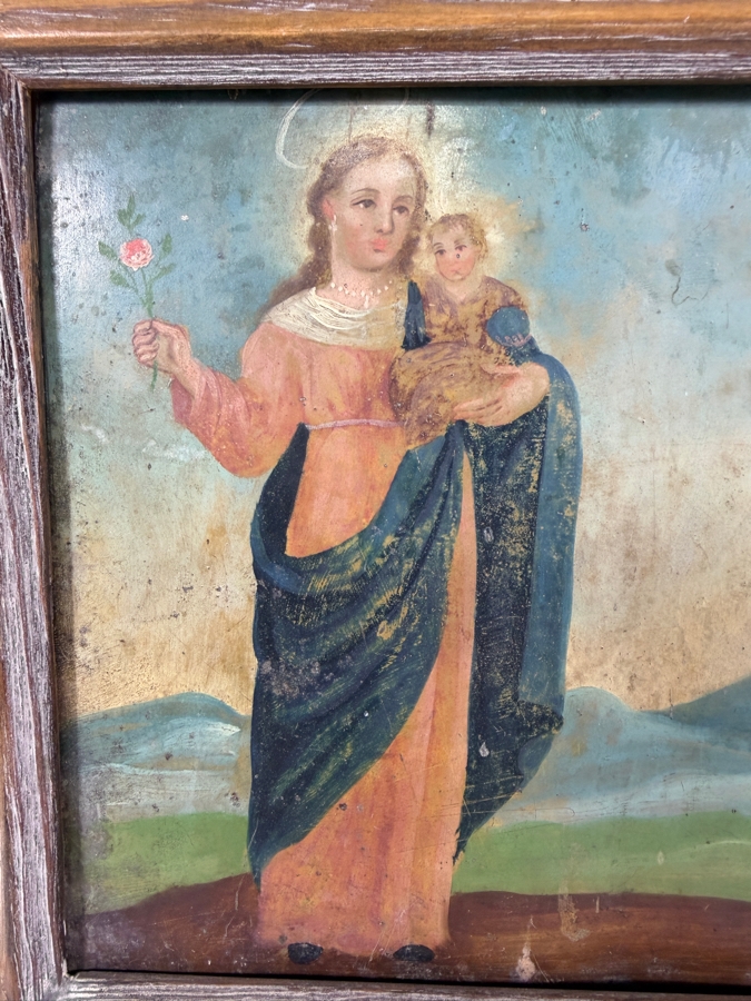 Antique 19th Century Original Mexican Retablo Painting On Tin Depicting The Holy Family (The Virgin Mary, The Christ Child And Saint Joseph) Walking Through A Pastoral Landscape 9.75 X 6.75 Framed [Photo 2]