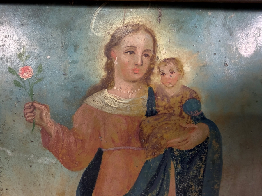 Antique 19th Century Original Mexican Retablo Painting On Tin Depicting The Holy Family (The Virgin Mary, The Christ Child And Saint Joseph) Walking Through A Pastoral Landscape 9.75 X 6.75 Framed [Photo 3]