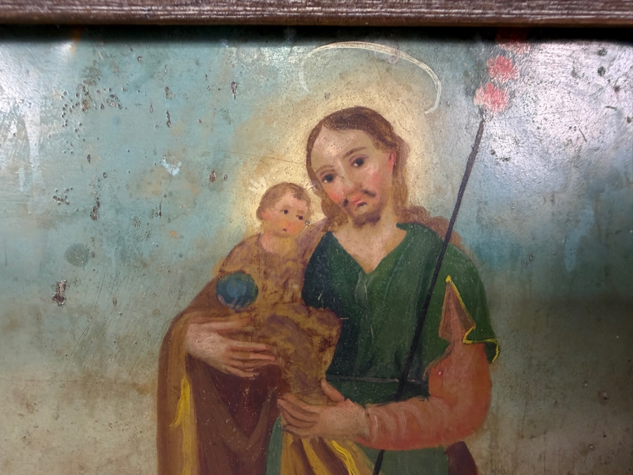 Antique 19th Century Original Mexican Retablo Painting On Tin Depicting The Holy Family (The Virgin Mary, The Christ Child And Saint Joseph) Walking Through A Pastoral Landscape 9.75 X 6.75 Framed [Photo 5]
