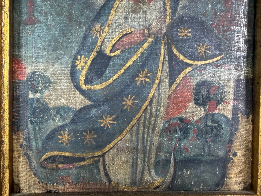 Antique Original Mexican Retablo Painting On Canvas Depicting An Archangel 6.25 X 7.5 Framed 9.25 X 11 [Photo 4]