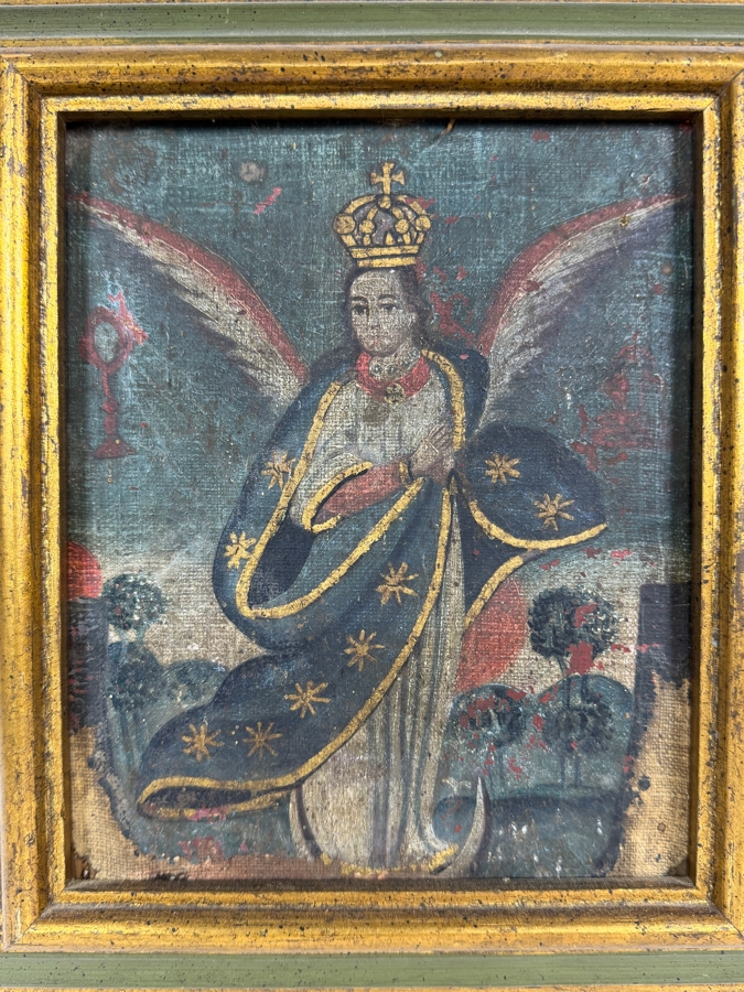 Antique Original Mexican Retablo Painting On Canvas Depicting An Archangel 6.25 X 7.5 Framed 9.25 X 11 [Photo 2]