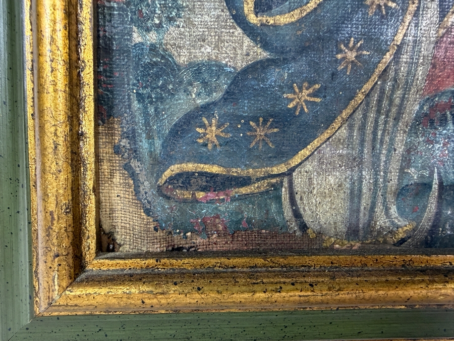 Antique Original Mexican Retablo Painting On Canvas Depicting An Archangel 6.25 X 7.5 Framed 9.25 X 11 [Photo 5]