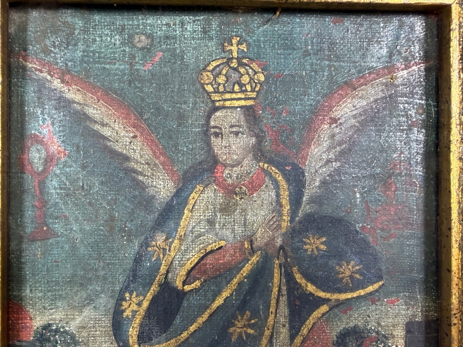 Antique Original Mexican Retablo Painting On Canvas Depicting An Archangel 6.25 X 7.5 Framed 9.25 X 11 [Photo 3]