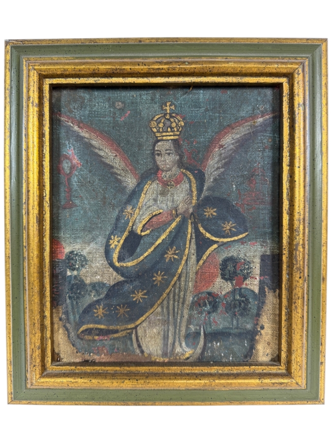 Antique Original Mexican Retablo Painting On Canvas Depicting An Archangel 6.25 X 7.5 Framed 9.25 X 11