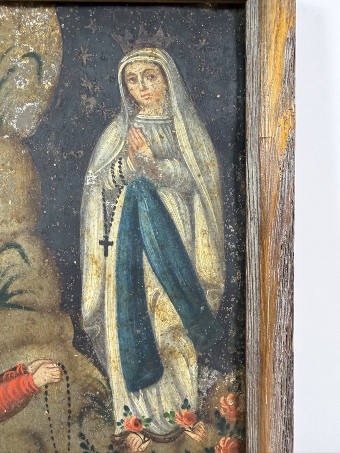 Antique Original Mexican Retablo Painting On Tin Depicting The Virgin Mary With Saint Bernadette 6.75 X 9.75 Framed 8.5 X 11.5 [Photo 3]