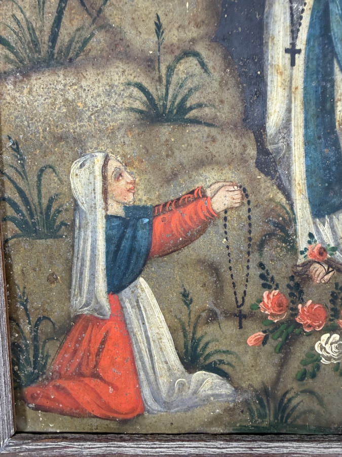 Antique Original Mexican Retablo Painting On Tin Depicting The Virgin Mary With Saint Bernadette 6.75 X 9.75 Framed 8.5 X 11.5 [Photo 4]