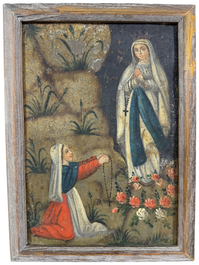 Antique Original Mexican Retablo Painting On Tin Depicting The Virgin Mary With Saint Bernadette 6.75 X 9.75 Framed 8.5 X 11.5