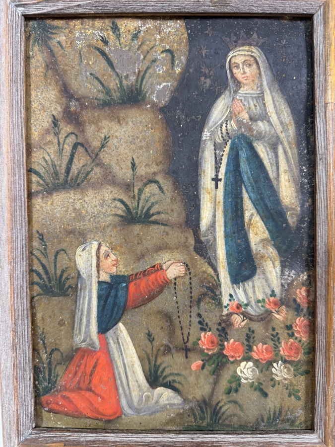 Antique Original Mexican Retablo Painting On Tin Depicting The Virgin Mary With Saint Bernadette 6.75 X 9.75 Framed 8.5 X 11.5 [Photo 2]