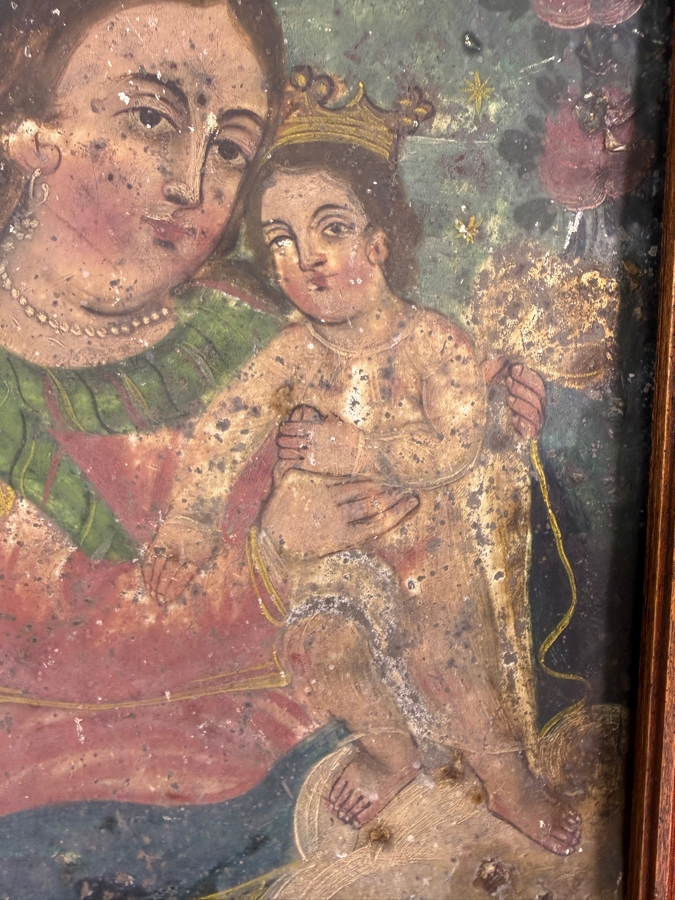 Antique 19th Century Original Mexican Retablo Painting On Tin Depicting Our Lady Of Refuge, The Virgin Mary Embracing The Christ Child 6.5 X 9.75 Framed 8.5 X 11.5 [Photo 6]