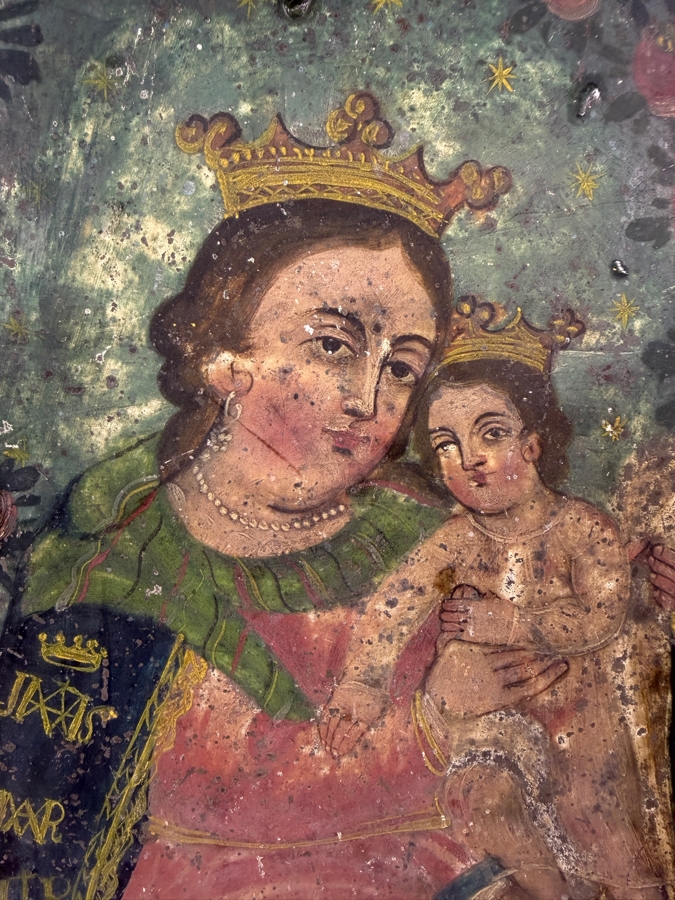 Antique 19th Century Original Mexican Retablo Painting On Tin Depicting Our Lady Of Refuge, The Virgin Mary Embracing The Christ Child 6.5 X 9.75 Framed 8.5 X 11.5 [Photo 3]