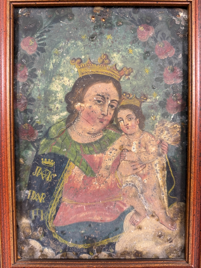 Antique 19th Century Original Mexican Retablo Painting On Tin Depicting Our Lady Of Refuge, The Virgin Mary Embracing The Christ Child 6.5 X 9.75 Framed 8.5 X 11.5 [Photo 2]