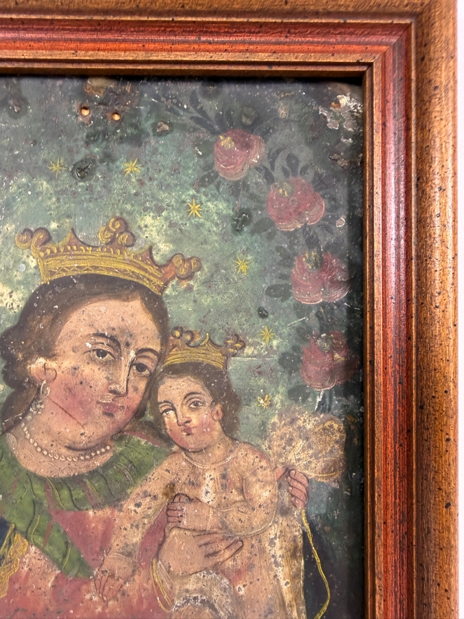 Antique 19th Century Original Mexican Retablo Painting On Tin Depicting Our Lady Of Refuge, The Virgin Mary Embracing The Christ Child 6.5 X 9.75 Framed 8.5 X 11.5 [Photo 7]