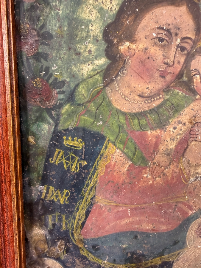 Antique 19th Century Original Mexican Retablo Painting On Tin Depicting Our Lady Of Refuge, The Virgin Mary Embracing The Christ Child 6.5 X 9.75 Framed 8.5 X 11.5 [Photo 5]