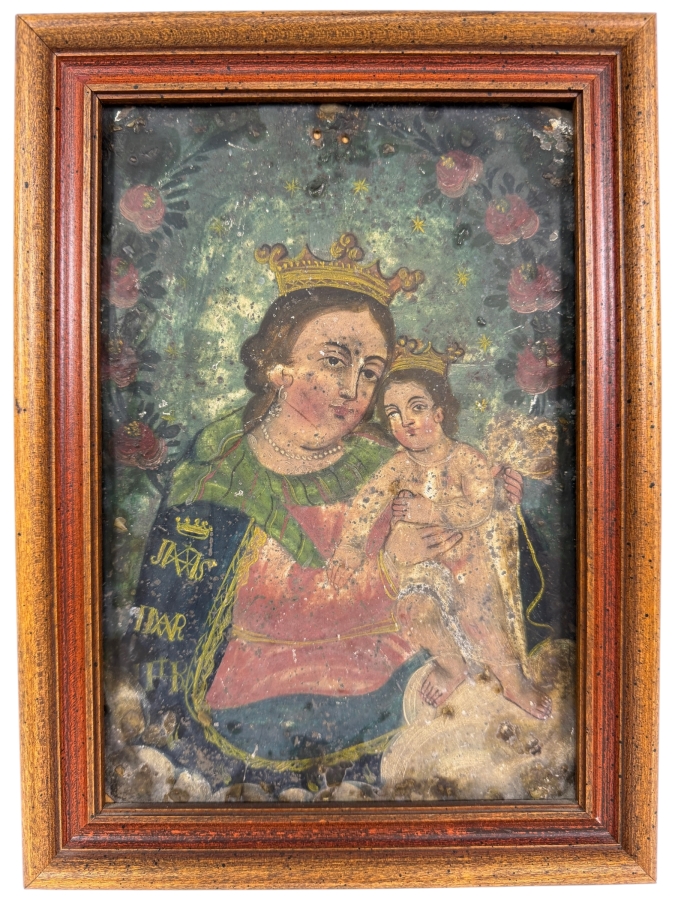 Antique 19th Century Original Mexican Retablo Painting On Tin Depicting Our Lady Of Refuge, The Virgin Mary Embracing The Christ Child 6.5 X 9.75 Framed 8.5 X 11.5