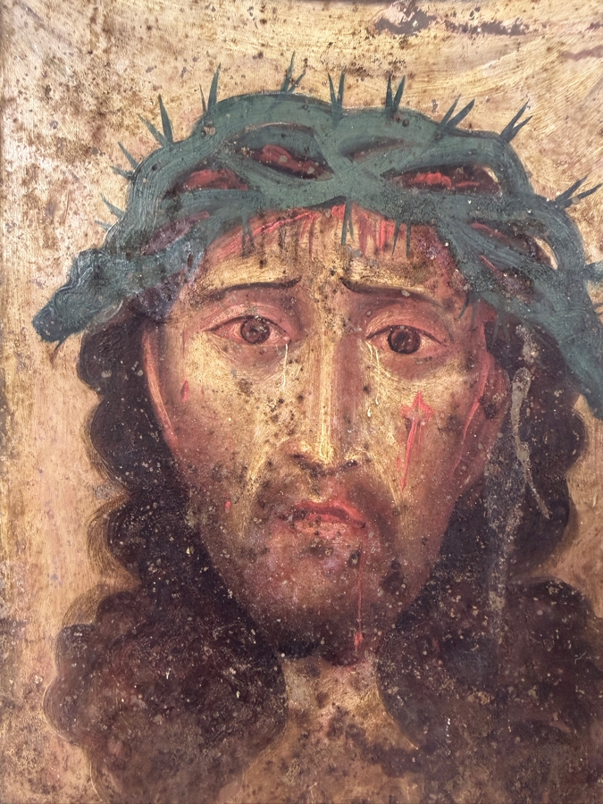 Antique 19th Century Original Mexican Retablo Painting On Tin Depicting The Face Of Jesus Wearing A Crown Of Thorns Titled 'Veil Of Veronica' 6.5 X 9.75 Framed 7.5 X 10 [Photo 2]