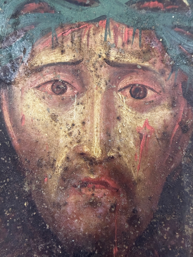 Antique 19th Century Original Mexican Retablo Painting On Tin Depicting The Face Of Jesus Wearing A Crown Of Thorns Titled 'Veil Of Veronica' 6.5 X 9.75 Framed 7.5 X 10 [Photo 4]