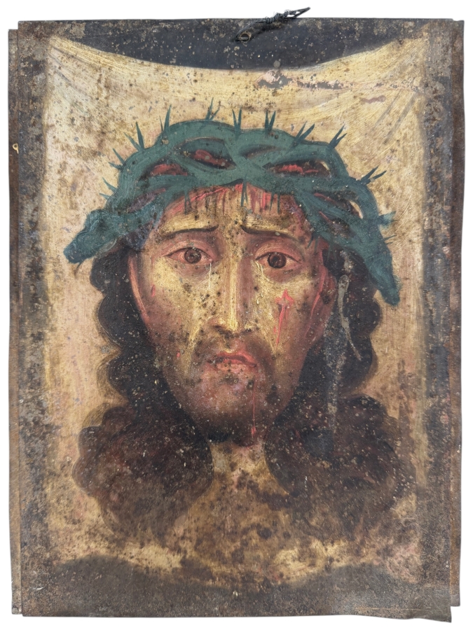 Antique 19th Century Original Mexican Retablo Painting On Tin Depicting The Face Of Jesus Wearing A Crown Of Thorns Titled 'Veil Of Veronica' 6.5 X 9.75 Framed 7.5 X 10