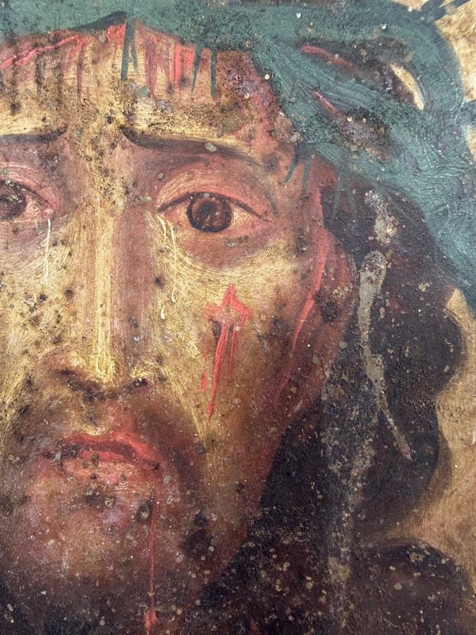 Antique 19th Century Original Mexican Retablo Painting On Tin Depicting The Face Of Jesus Wearing A Crown Of Thorns Titled 'Veil Of Veronica' 6.5 X 9.75 Framed 7.5 X 10 [Photo 3]