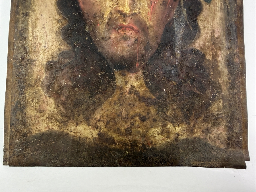 Antique 19th Century Original Mexican Retablo Painting On Tin Depicting The Face Of Jesus Wearing A Crown Of Thorns Titled 'Veil Of Veronica' 6.5 X 9.75 Framed 7.5 X 10 [Photo 5]
