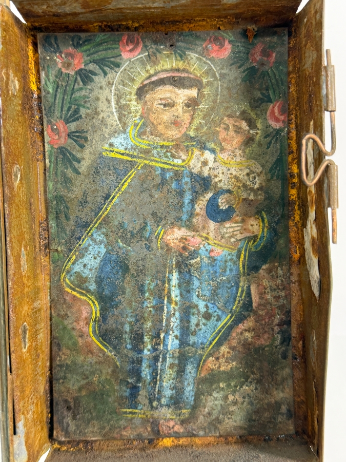 Antique 19th Century Original Mexican Retablo Painting On Tin Depicting Saint Anthony Of Padua Holding The Christ Child Framed 6W X 11H X 1.5D [Photo 3]