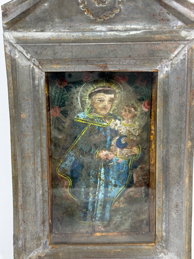 Antique 19th Century Original Mexican Retablo Painting On Tin Depicting Saint Anthony Of Padua Holding The Christ Child Framed 6W X 11H X 1.5D [Photo 2]