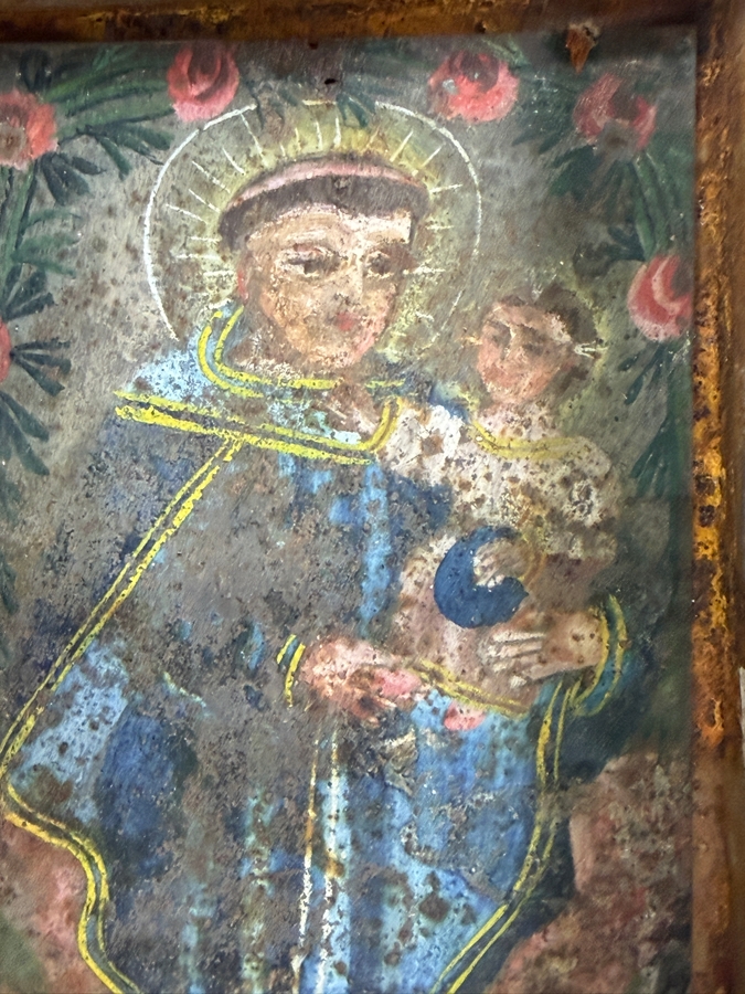 Antique 19th Century Original Mexican Retablo Painting On Tin Depicting Saint Anthony Of Padua Holding The Christ Child Framed 6W X 11H X 1.5D [Photo 4]