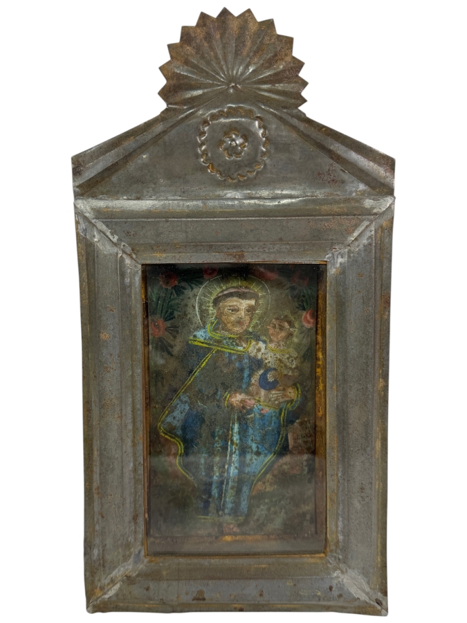 Antique 19th Century Original Mexican Retablo Painting On Tin Depicting Saint Anthony Of Padua Holding The Christ Child Framed 6W X 11H X 1.5D