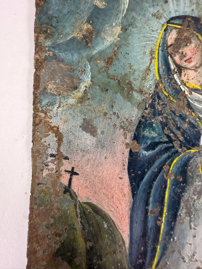 Antique 19th Century Original Mexican Retablo Painting On Tin Depicting Our Lady Of Sorrows, The Virgin Mary 3.5 X 5 [Photo 4]