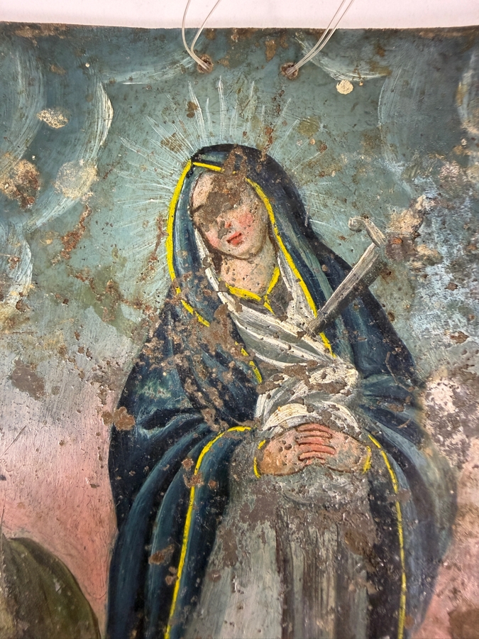 Antique 19th Century Original Mexican Retablo Painting On Tin Depicting Our Lady Of Sorrows, The Virgin Mary 3.5 X 5 [Photo 2]