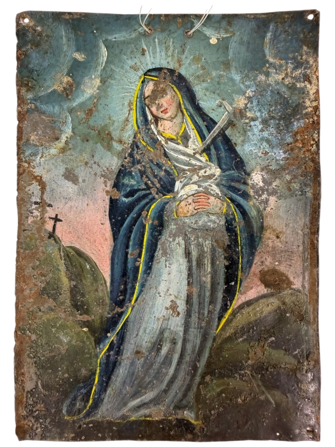 Antique 19th Century Original Mexican Retablo Painting On Tin Depicting Our Lady Of Sorrows, The Virgin Mary 3.5 X 5