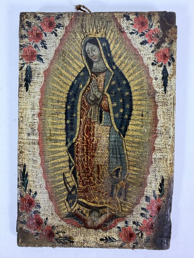 Antique Original Mexican Retablo Painting On Canvas Depicting Our Lady Of Guadalupe, The Virgin Mary 5.5 X 8 [Photo 3]