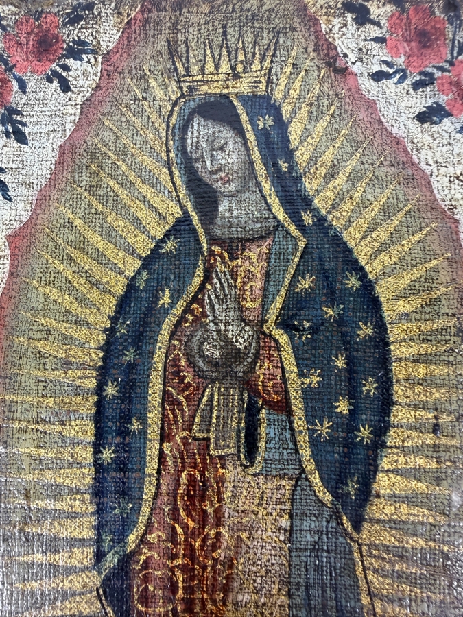 Antique Original Mexican Retablo Painting On Canvas Depicting Our Lady Of Guadalupe, The Virgin Mary 5.5 X 8 [Photo 4]